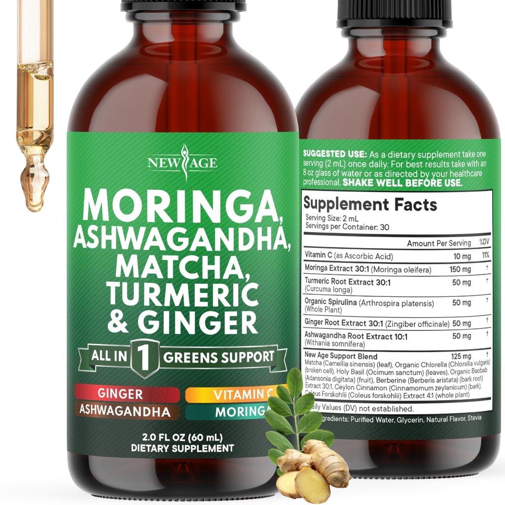 Moringa Supplement Drops - Ashwagandha, Spirulina, Chlorella, Turmeric & Ginger Liquid Barley Grass with Chlorophyll, Matcha, Algae, Vitamin C Antioxidant, Holy Basil, Ceylon Cinnamon - 2fl Oz