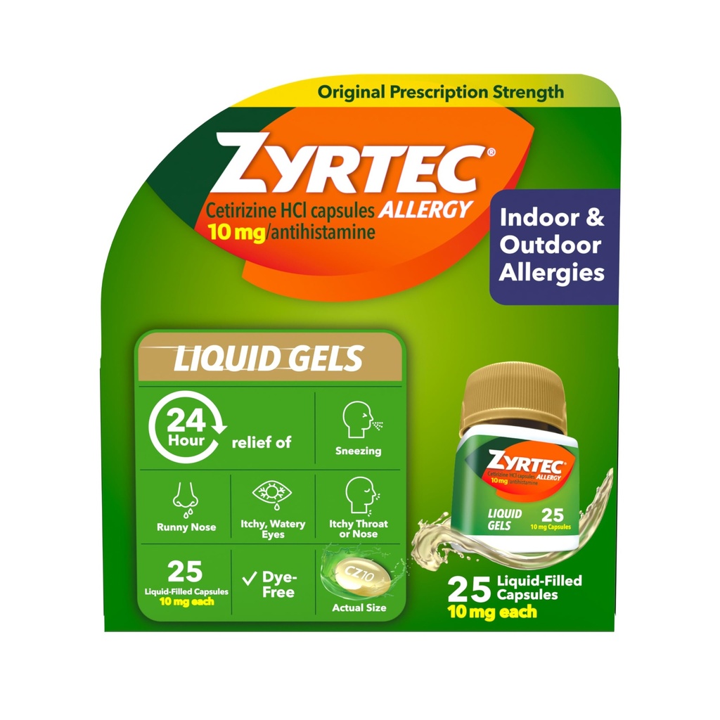 Zyrtec 24 Hour Allergy Relief Liquid Gels, Antihistamine Capsules with Cetirizine HCl Allergy Medicine for All-Day Relief from Runny Nose, Sneezing, Itchy Eyes & More, 25 Count