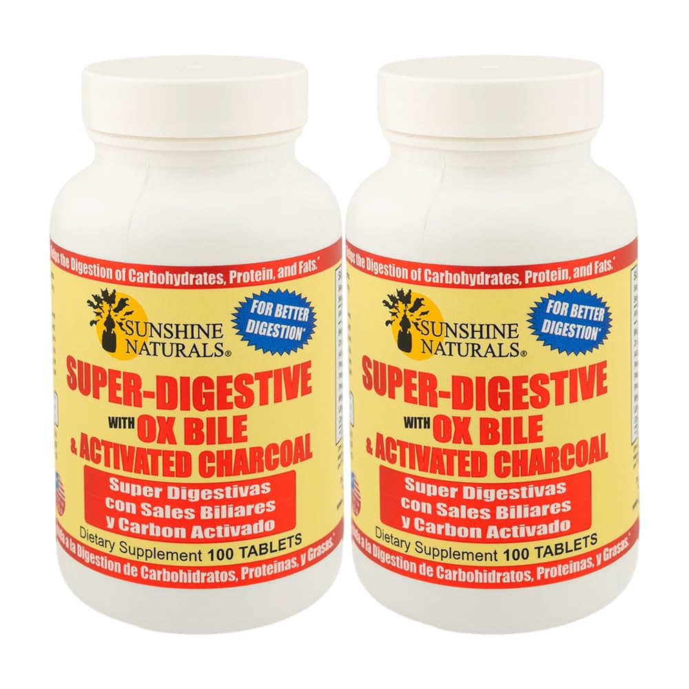 Sunshine Naturals Super Digestive συμπλήρωμα. Οξείδιο Bile & ενεργοποιημένο καρβίδιο για Digestive Υποστήριξη, Bloating Relief, Gut Cleanse, Nutrient Απορρόφηση, και Γενική Ευεξία. 100 δισκία. Συσκευασία των 2