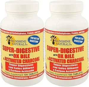Sunshine Naturals Super Digestive συμπλήρωμα. Οξείδιο Bile & ενεργοποιημένο καρβίδιο για Digestive Υποστήριξη, Bloating Relief, Gut Cleanse, Nutrient Απορρόφηση, και Γενική Ευεξία. 100 δισκία. Συσκευασία των 2