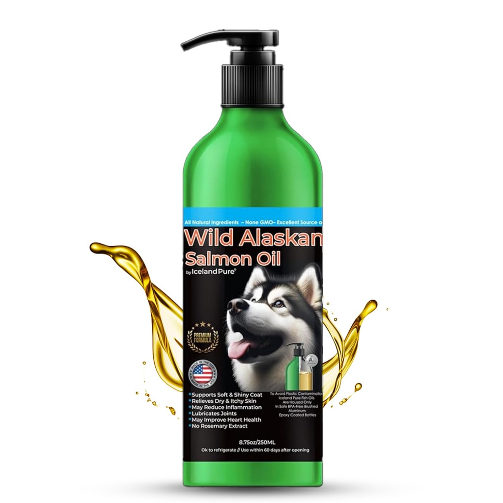 Wild Alaskan Salmon Oil for Dogs and Cats by Iceland Pure | 1,043 mg of Omega-3 per Teaspoon | Salmon Oil & Pollock Blend | BPA-Free Brushed Aluminum Epoxy Coated Bottle with Pump - 8.75 oz