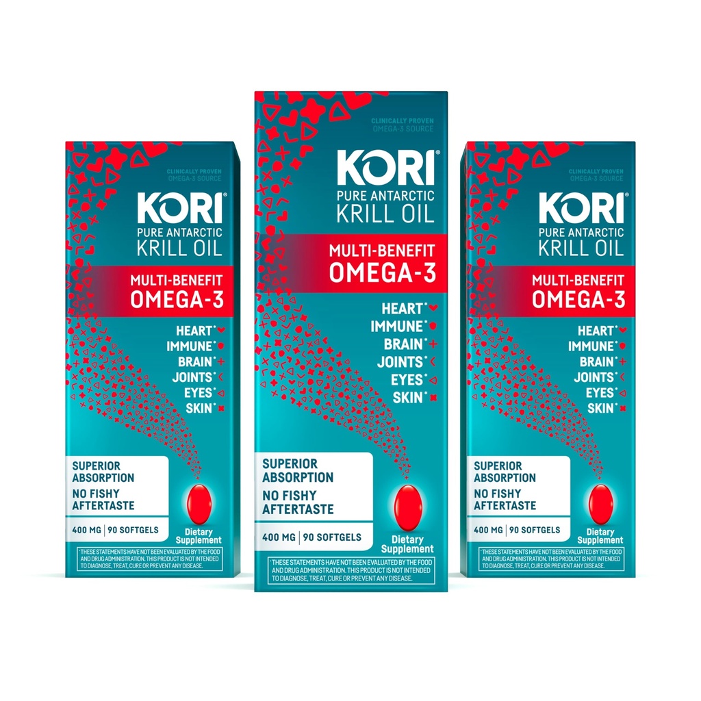 Kori Krill Oil Omega 3 Supplement, Antarctic Krill Oil with Superior Absorption vs Fish Oil Alternative, 400 mg Softgels, EPA & DHA, 90 Softgels (Pack of 3)