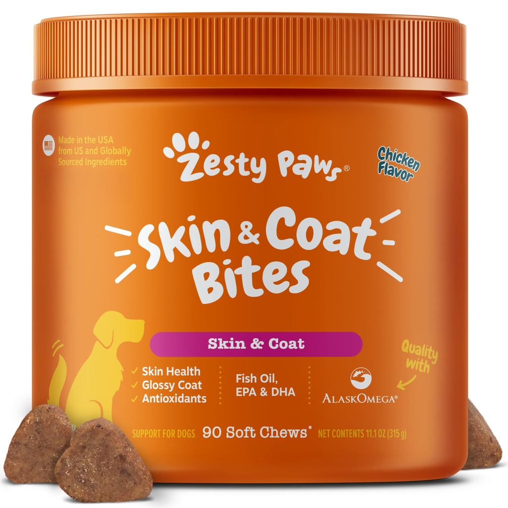 Zesty Paws Omega 3 Alaskan Fish Oil Chew Treats for Dogs - with AlaskOmega for EPA & DHA Fatty Acids - Hip & Joint Support + Skin & Coat Chicken Flavor (90 Soft Chews)