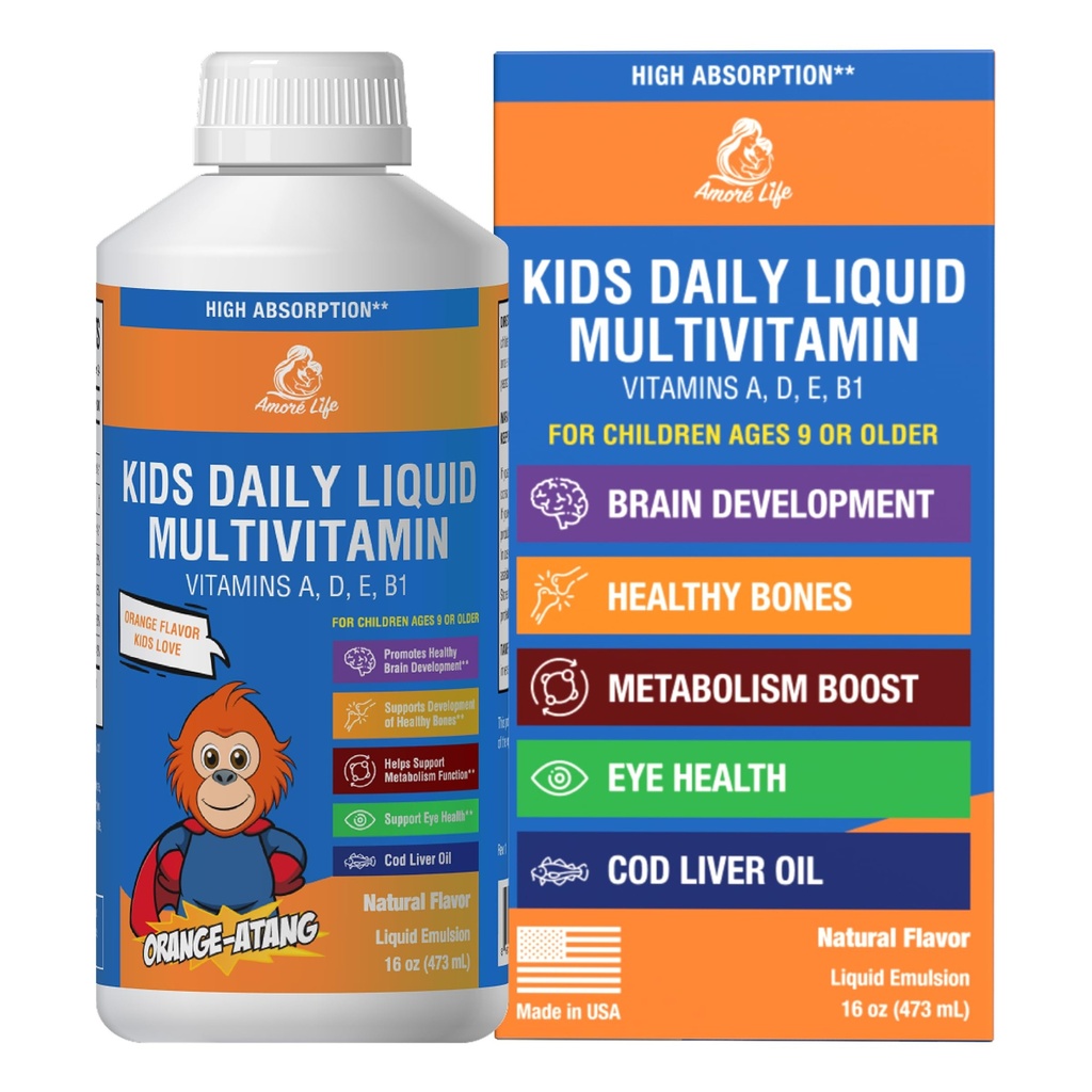 Daily Liquid Multivitamin for Kids, High Absorption with Liquid Vitamin A, D, E, B1 and Cod Liver Oil for Kids, Vitamin Supplements, Family Friendly, 16oz, Orange Flavor