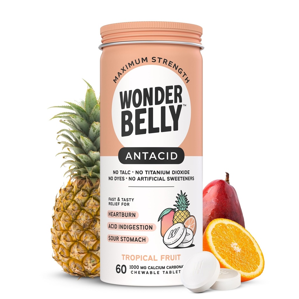 Wonderbelly Antacid, Effective Heartburn and Instant Acid Indigestion Relief, Extra Strength Chewable Tablets, 1000 mg Calcium Carbonate, No Talc or Dye, Tropical Fruit, 60 Count