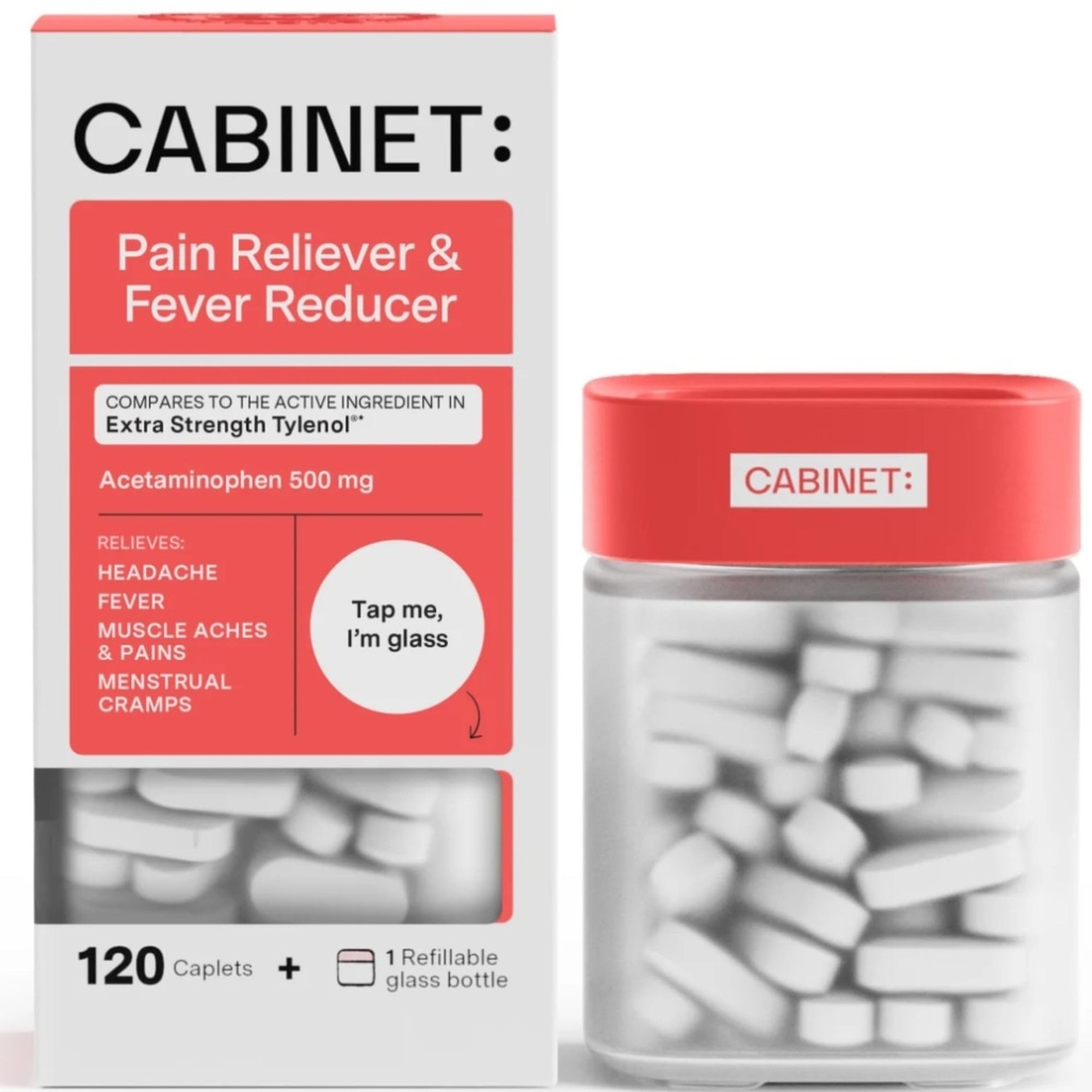 Cabinet: 500mg Acetaminophen for Headache Relief, Toothaches, Sore Throat, and Fever Reducer, Includes 1 Refillable Medicine Jar, 120 Tablets Refillable Glass Jar - (Pack of 3)