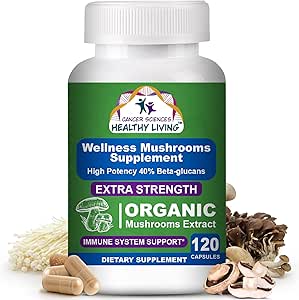 Cancer Sciences Organic Mushroom Supplement Capsules - 1,500mg Non-GMO Wellness Mushroom Complex 40% Beta-Glucans -Turkey Tail, Reishi, Cordyceps, Chaga Extract for Brain & Immune Support 120 Capsules