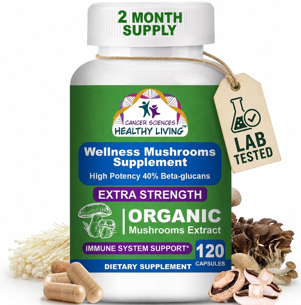 Cancer Sciences Organic Mushroom Supplement Capsules - 1.500mg Wellness Mushroom Complex 40% Beta-Glucans - Turkey Tail, Reishi, Cordyceps, Chaga Extract for Brain & Immune Support 120 Κάψουλες