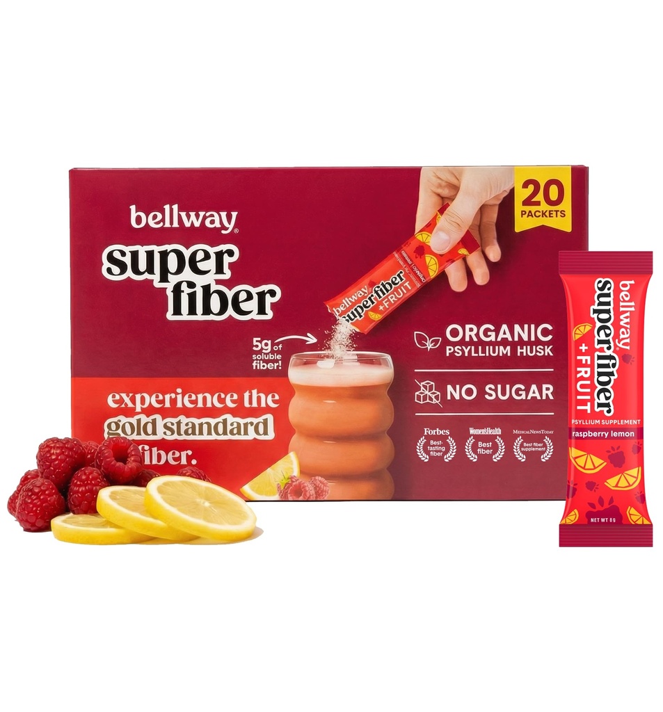 Bellway Super Fiber Packets + Fruit, Sugar Free Organic Psyllium Husk Powder Fiber Supplement to Go for Regularity, Bloating Relief & Digestive Health, Plant-Based, Raspberry Lemon (20 Packets)