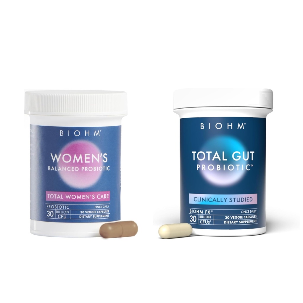 BIOHM Total Probiotic for Women Bundle, 30 Billion CFU Probiotics for Women’s Balanced, Natural, Digestive Enzymes, Clinically Studied, Non-GMO, 30 Servings Each
