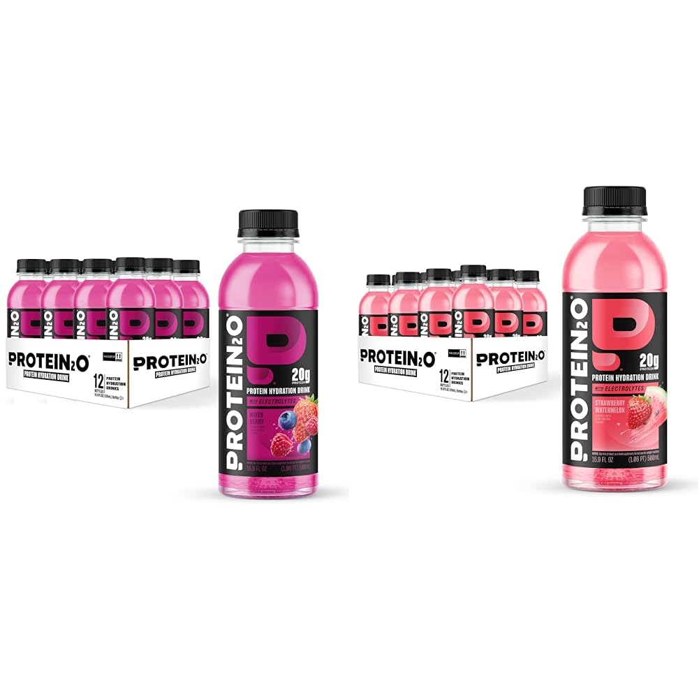 Bundle of Protein2o 20g Whey Protein Isolate Hydration Drink, Mixed Berry, 16.9 oz (12 Count) + Protein2o 20g Whey Protein Isolate Hydration Drink, Strawberry Watermelon, 16.9 oz (12 Count)