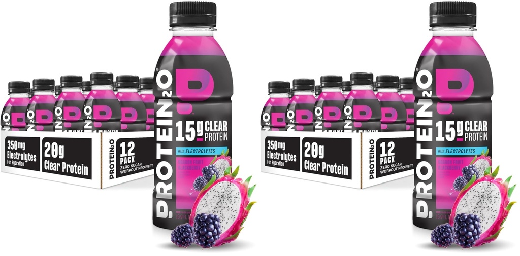 Protein2o Hydration Drink - 2-in-1 Liquid Clear Whey Protein Isolate and Electrolyte Drink - 15g Protein,Vitamins B5,B6 - Post-Workout Recovery - 16.9 Fl Oz - Dragon fruit Blackberry,(Pack of 24)
