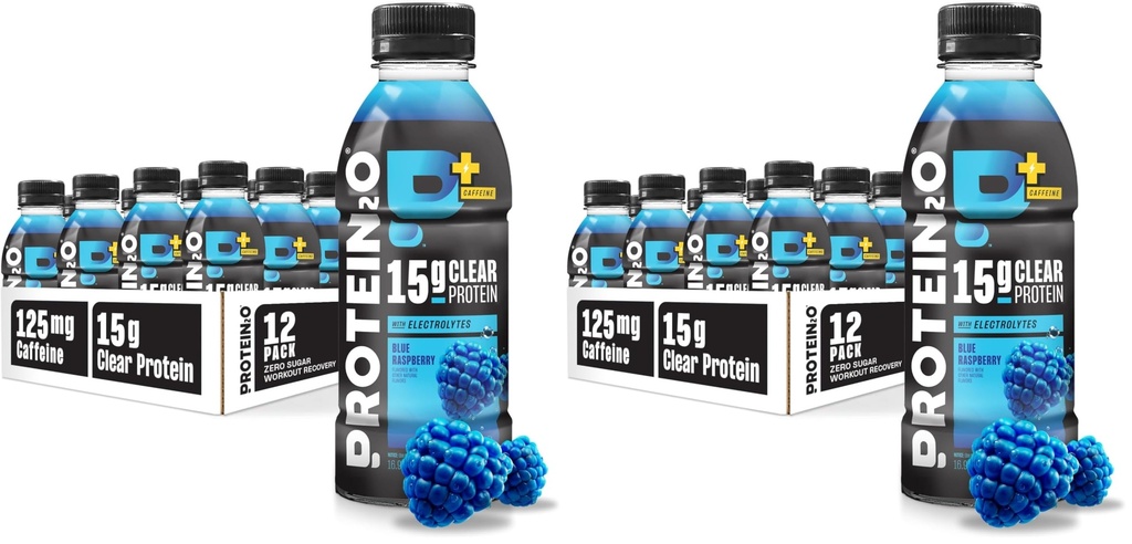Protein2o 15g Whey Protein Isolate Hydration Drink Plus Energy & Focus,350mg Electrolytes,125mg Caffeine,Sugar Free,Blue Raspberry,16.9 oz Bottle,(Pack of 24)