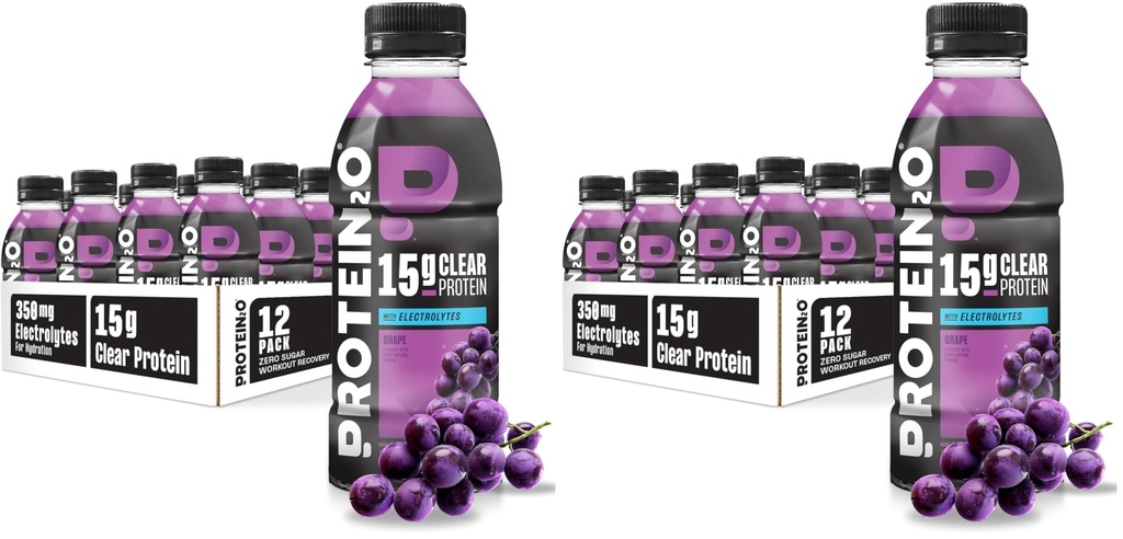 Protein2o 2-in-1 Clear Whey Protein & Electrolyte Beverage, 15g Protein, Gluten-Free, 16.9 fl oz Bottles, Grape (Pack of 24)
