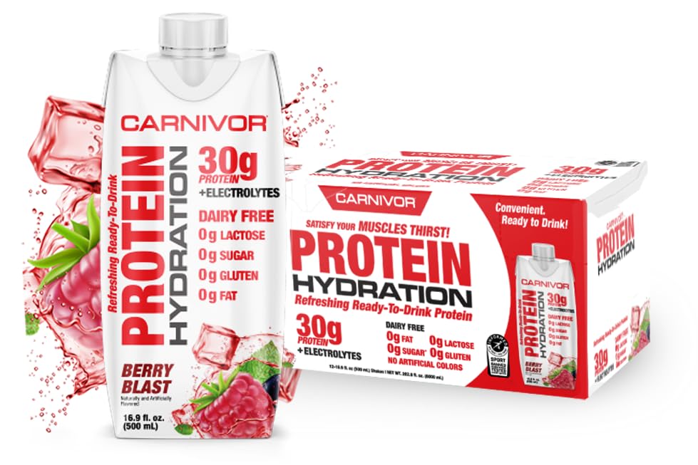 MuscleMeds Carnivor Protein Hydration RTD, Ready to Drink, Lactose Free, Sugar Free, 30g Isolate Protein, Halal Certified, Berry Blast, 16.9 Fl Oz (Pack of 12)