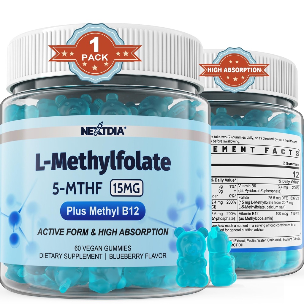 L-MethylFolate 15mg & Gummys μεθύλιο B12, μεθυλιωμένες B1, B2, B6 Πολυβιταμίνες - Ενεργές 5-MTHF & Υψηλή Απορρόφηση - Υποστηρίζει MTHFR Gene, Γνωστική, Homocysteine επίπεδα, Folate Μεταβολισμός, Vegan, 60 Cts