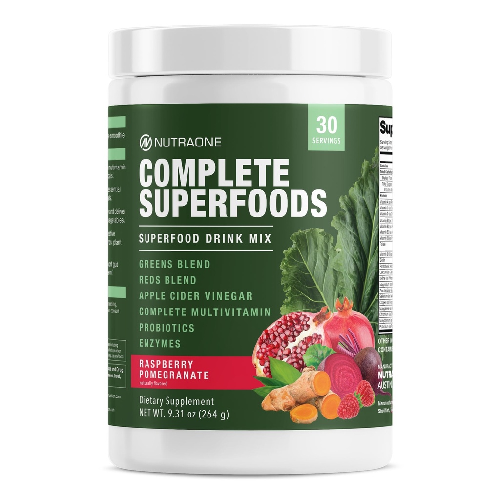 Complete Superfoods, Greens & Reds Blend*, Apple Cider Vinegar, Digestive Enzyme Blend*, Probiotic Blend*, Multivitamin* (Raασπberry Ρόδι - 30 Servings)