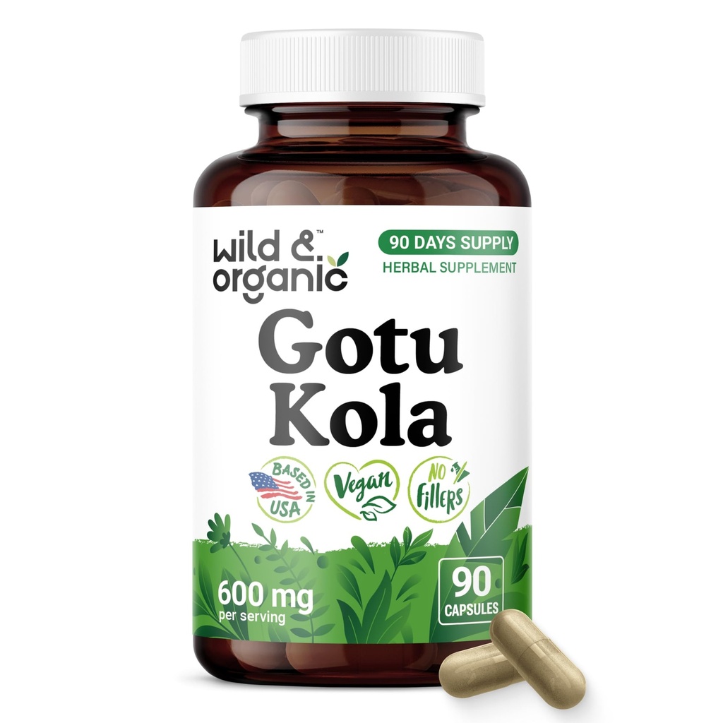 Wild & Organic Gotu Kola Capsules 600 mg - Brain Support - Gotu Kola Powder Supplement - Gotu Kola Extract - 90 Days of Supply - Vegan, No Fillers, Non-GMO - 90 Count