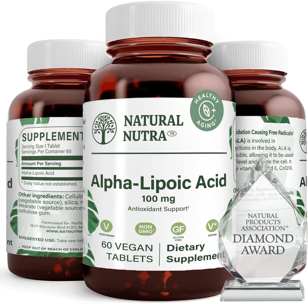 Natural Nutra R-Alpha Lipoic Acid, Βελτίωση της υγείας των οστών και της καρδιάς, Ενίσχυση της λειτουργίας μνήμης, Βελτίωση της λειτουργίας των νεύρων Συμβάλλει στη συνολική υγεία, χωρίς γλουτένη 100 mg, 60 Vegan και χορτοφαγικά δισκία.