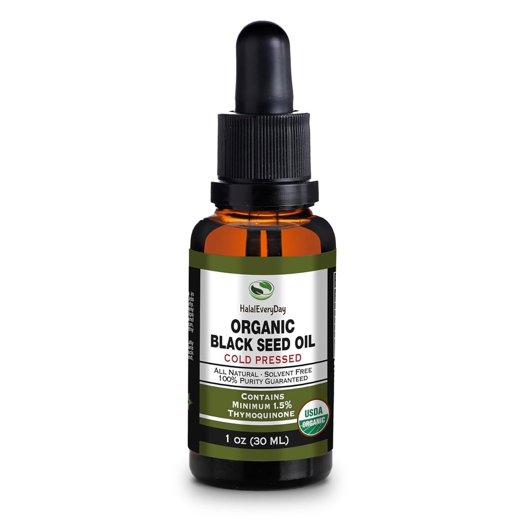 Organic Black Seed Oil - USDA Certified Cold Pressed Glass Bottle Over 1.5% Thymoquinone 3X strength Turkish Black Cumin Nigella Sativa non-GMO 100% Pure Blackseed Oil (1oz Glass Dropper Bottle)