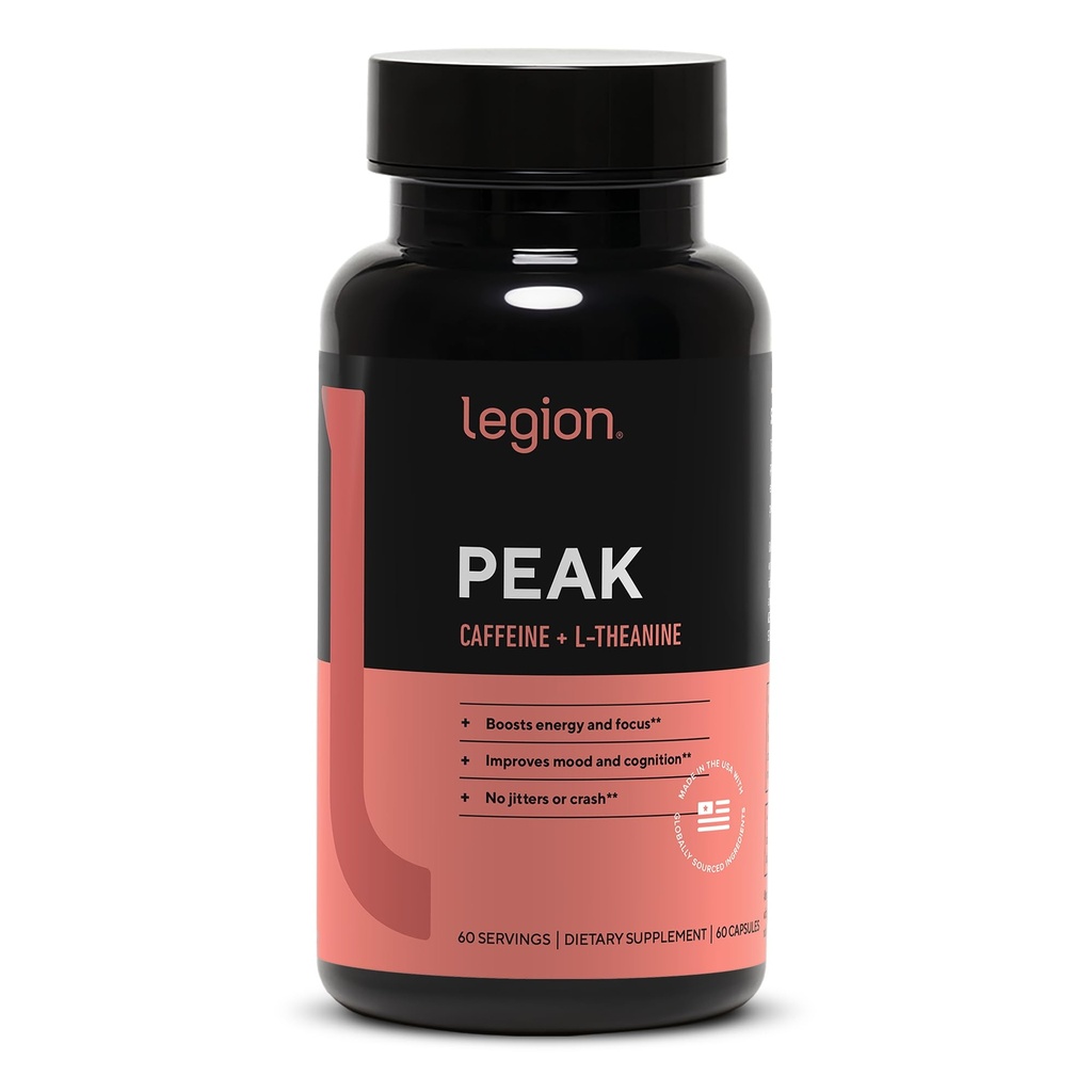 LEGION Peak Caffeine and L Theanine Pills - 200 mg Natural and Organic L Theanine Caffeine Supplement for Smooth Energy, Focus and Cognitive Performance - Vegan, Non GMO - 60 Servings