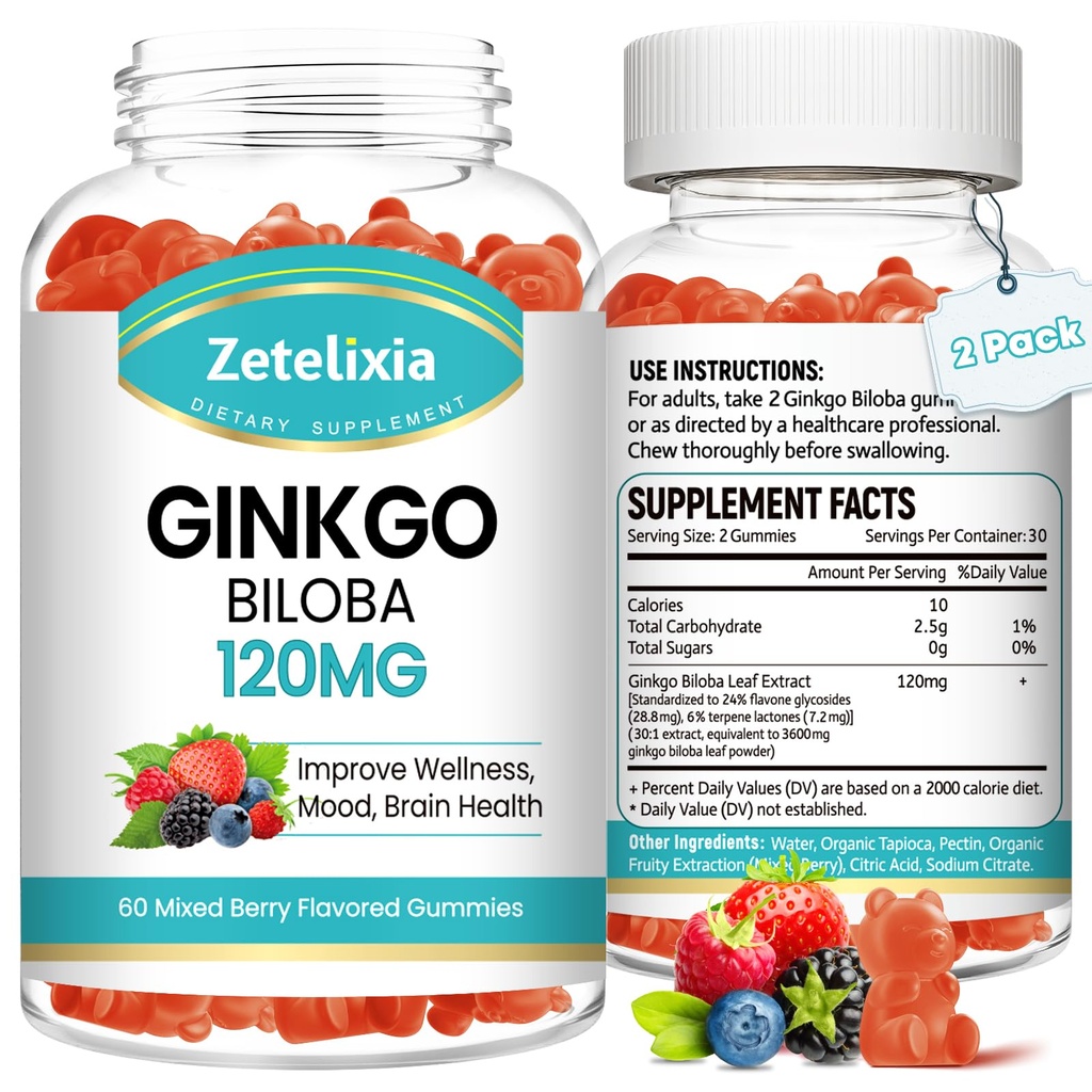 2 Πακέτο Ginkgo Biloba Gummies για γυναίκες και άνδρες, συμπλήρωμα εγκεφάλου Βελτίωση καλύτερη διάθεση και εστίαση, Vegan μικτή γεύση μούρου 120 κόμης