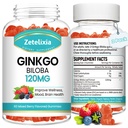 2 Πακέτο Ginkgo Biloba Gummies για γυναίκες και άνδρες, συμπλήρωμα εγκεφάλου Βελτίωση καλύτερη διάθεση και εστίαση, Vegan μικτή γεύση μούρου 120 κόμης