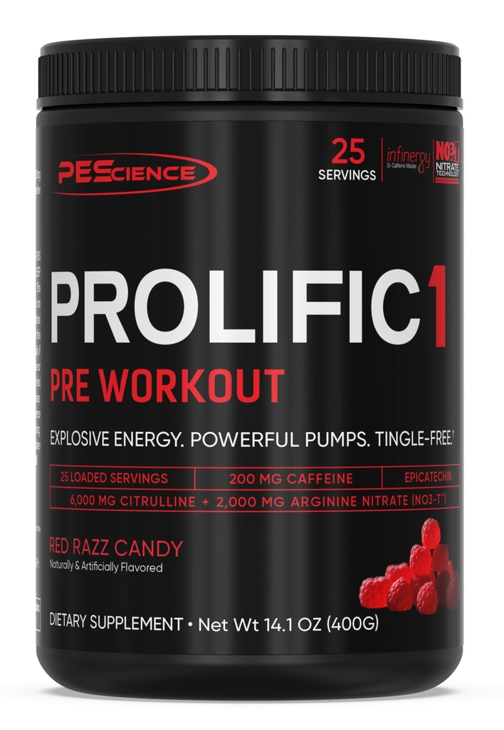 PEScience Prolific-1 Pre Workout Powder for Men & Women with L-Citrulline, Nitric Oxide Booster, Energy Powder & Nootropic for Focus – Preworkout Without Beta Alanine – 25 Scoops, Red Razz Candy