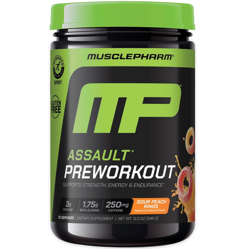 Muscle Pharm Assault Pre Workout Powder for Men & Women Energy & Strength Boost Pre-Workout Supplements with Beta Alanine, Caffeine, Creatine & Betaine Anhydrous 30 Servings, Sour Peach Ring Flavor