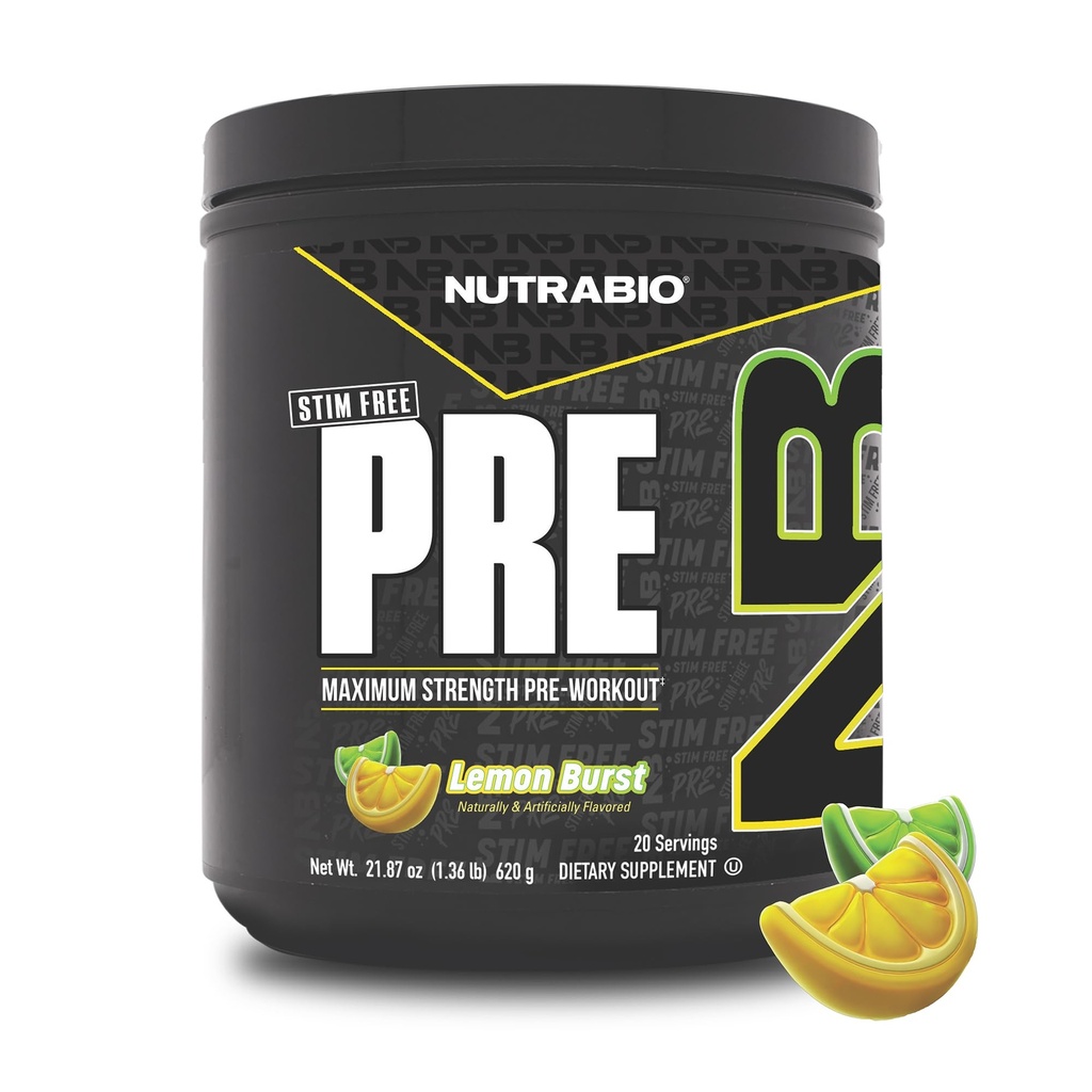 NutraBio STIM-Free PRE Workout for Men, NEW Non Stim Preworkout | Laser Focus, Extreme Pumps | Performance, Endurance | 10g Citrulline, Beta Alanine, Nitrates, Electrolytes - 20 Servings Lemon Burst