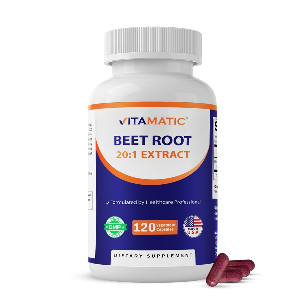 Vitamatic Beet Root 20:1 Extract Capsules 800 mg Per Serving (Beta vulgaris) – Nitric Oxide Support Supplement – Non-GMO, Gluten Free – 120 Veggie Capsules – Made in USA