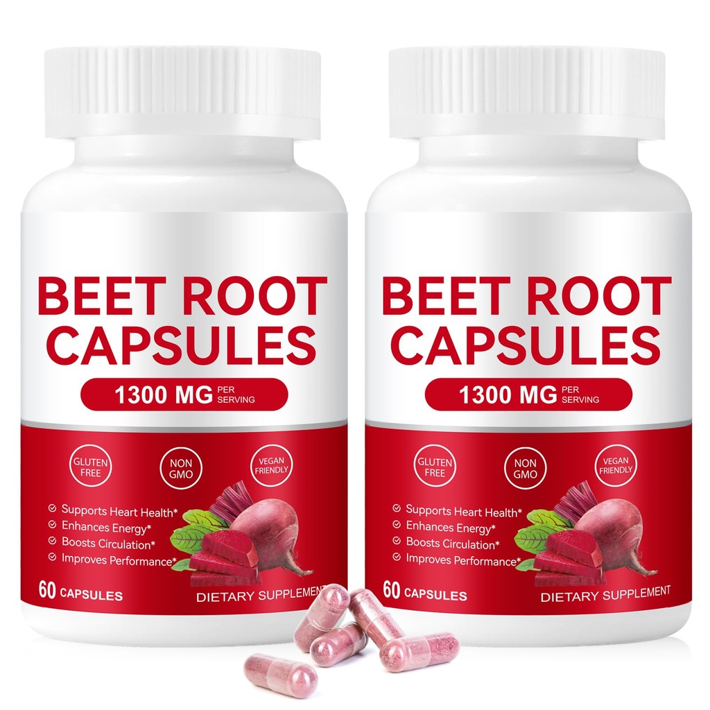 Organic Beet Root Capsules 1300mg Powder Aids Healthy Circulation & Vitality, Non-GMO, Gluten-Free, for Enhanced Energy, Stamina, 120 Capsules (2)
