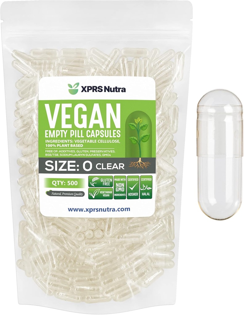 XPRS Nutra Μέγεθος 0 Κενές κάψουλες - 500 Clear Count Empty Vegan Κάψουλες - Χορτοφαγικά Χάπια - DIY Καψάκιο Φυτικών Γέμισμα - Veggie Καπάκια Χάπια για Do-It-Yourself Συμπληρώματα