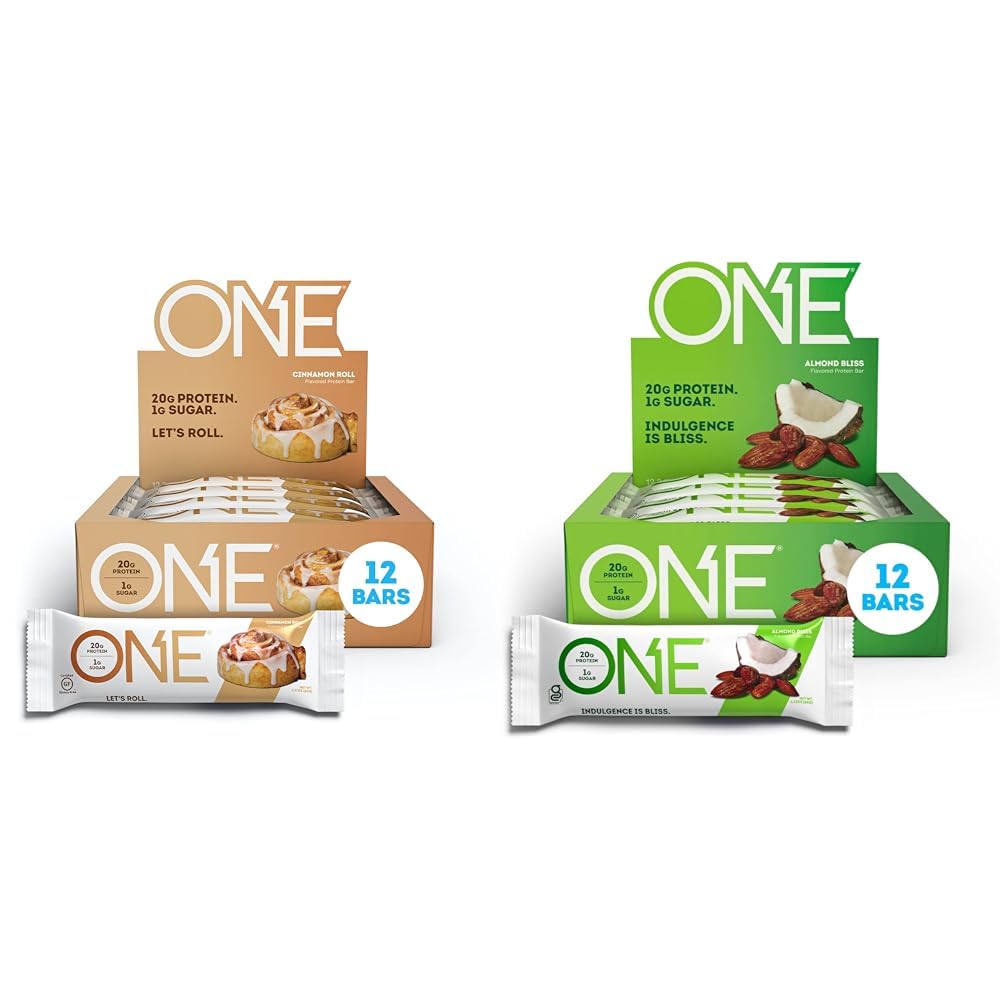 ONE Protein Bars, Cinnamon Roll & Almond Bliss, Gluten Free Protein Bars with 20g Protein, 12 Count