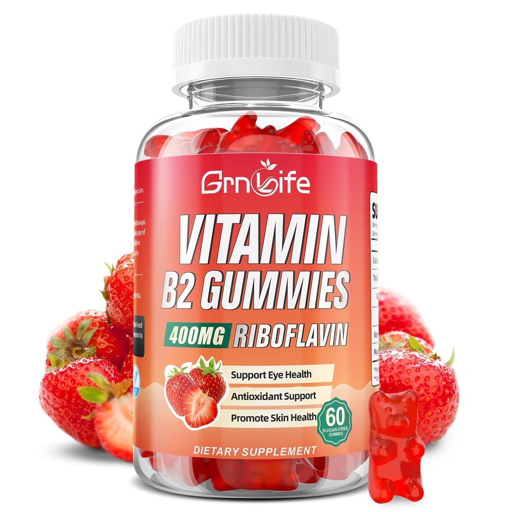 Vitamin B2 Gummies, Riboflavin 400mg with Magnesium for Kids & Adults, B2 Gummies for Migraine Relief & Energy Support, Strawberry Flavor, 60 Count