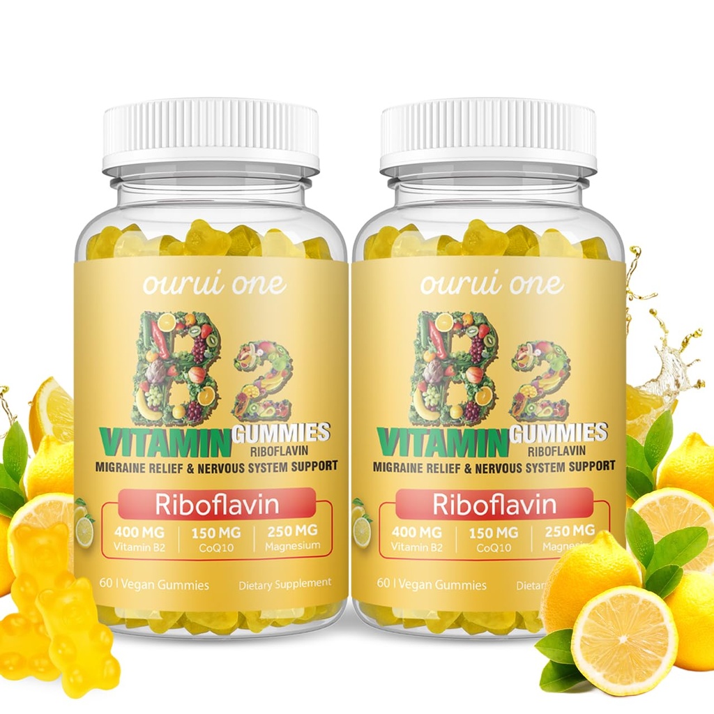 Vitamin B2 Gummies 400mg | Riboflavin 400mg with CoQ10 150mg, Magnesium 200mg | B2 Vitamin 400mg for Kids & Adults, Nervous System & Skin Health | 60 Vegan Chewables | Lemon（Pack 2