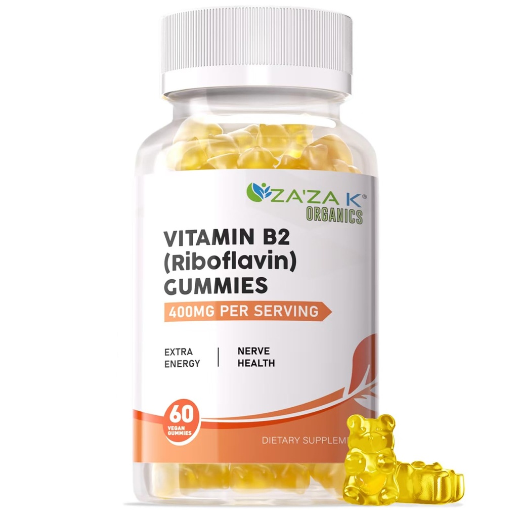ZA'ZA K ORGANICS Vitamin B2 Gummies - Riboflavin 400 mg for Kids & Adults, Vegan Essential Vitamin B2 Supplements, Energy Support & Nerve Health, 60 Gummies