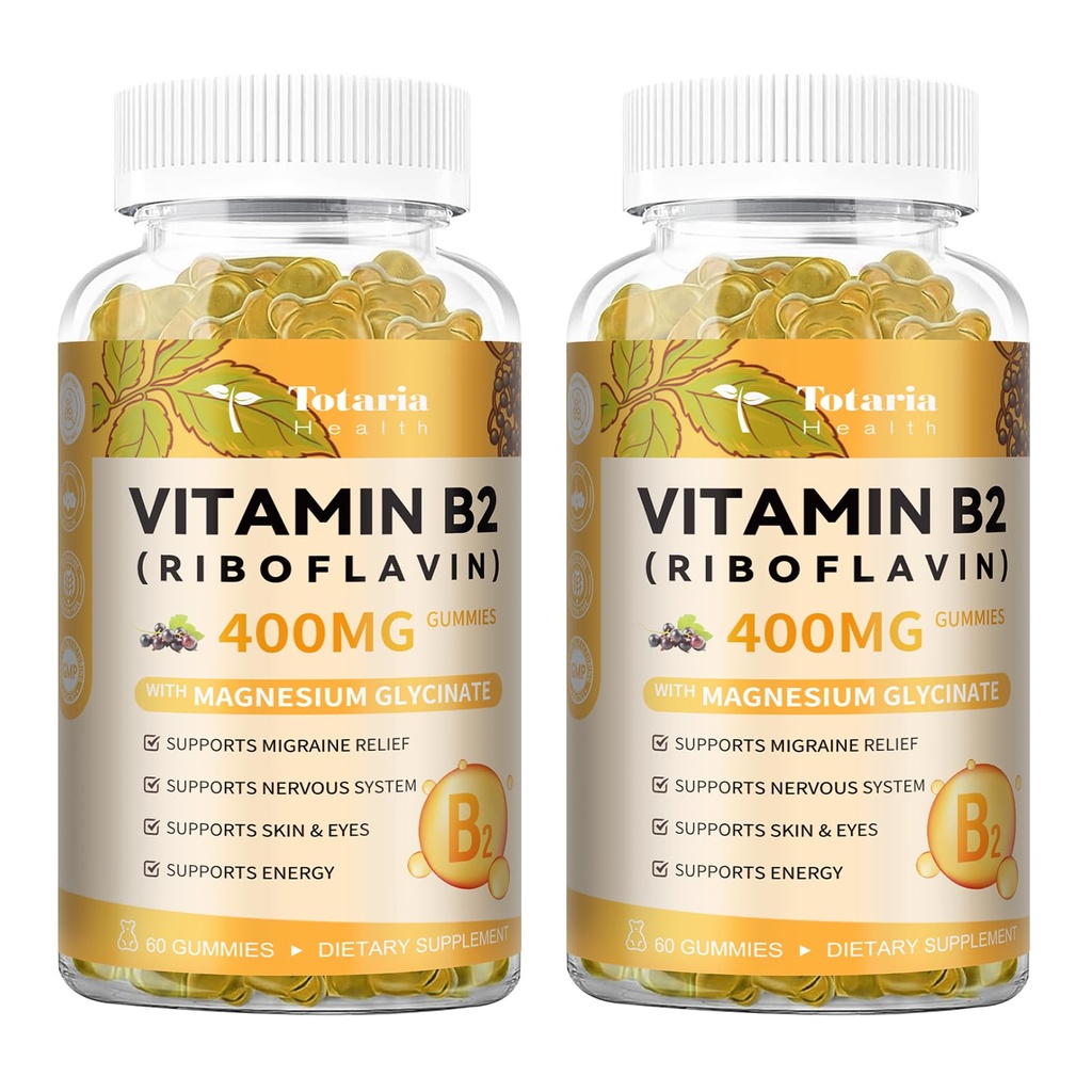 Totaria (2 Packs) Vitamin B2 Gummies, Sugar Free Riboflavin 400mg Supplement for Adults & Kids with Magnesium Glycinate 400mg, COQ10 & Elderberry