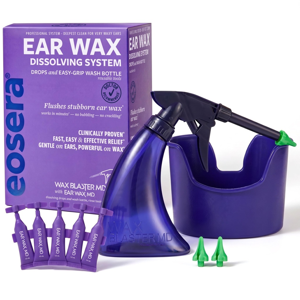 eosera Wax Blaster MD - Ear Wax Cleaning System - Complete Earwax Irrigation Kit for Stubborn and Routine Cleaning - with 5-ct Single Use Vials