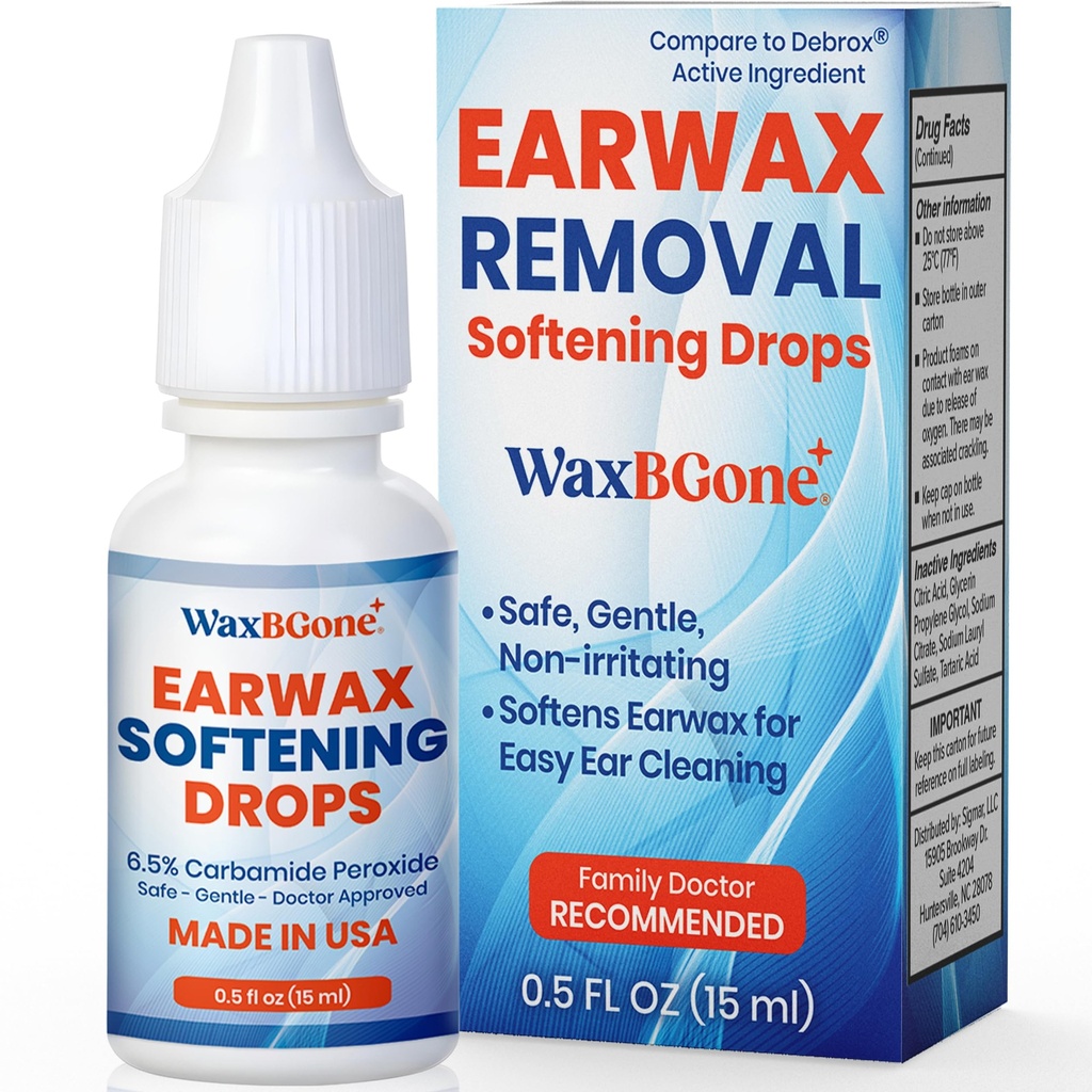 WaxBgone ® Ear Wax Removal Drops – Ear Cleaner Drops for Clogged Ears & Ear Relief, Non-Irritating Ear Wax Softener, Ear Wax Dissolving Drops for Kids & Adults, 0.5 fl oz (15ml)