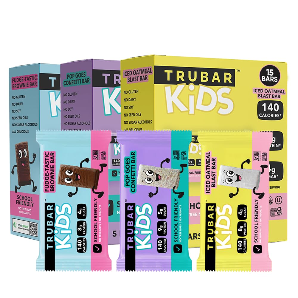TRUBAR Kids Protein Bars, Snack Pack Variety Box, Plant Based Protein, Gluten Free School-Friendly Snacks for Lunchboxes, Tree Nut and Peanut Free, Low Sugar, Healthy On the Go Snack Bars, 15 Count