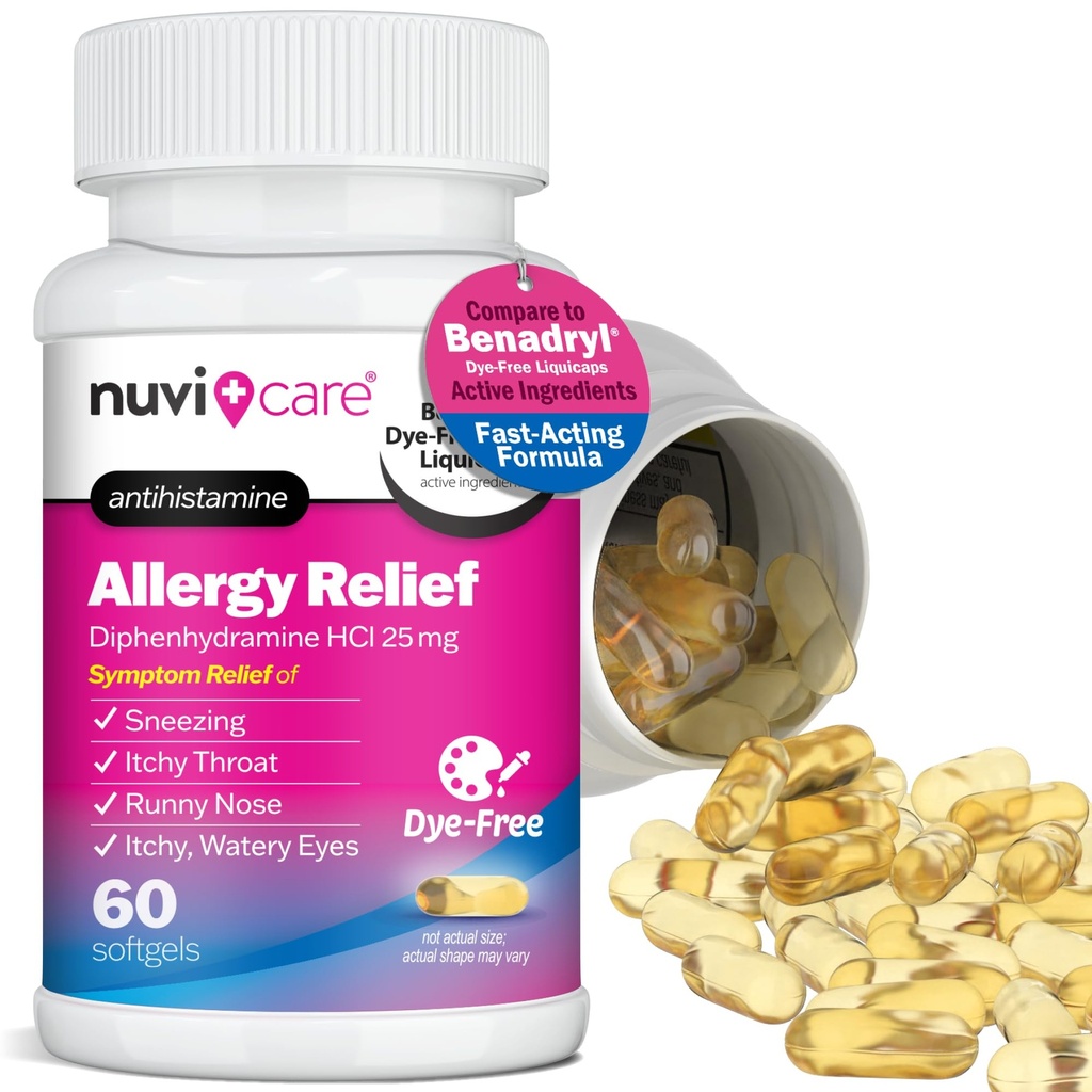 NUVICARE Allergy Relief Softgels – Dye-Free Diphenhydramine 25mg Antihistamine Meds for Runny Nose Sneezing Itchy Eyes & Throat – Compare to LiquiGels Allergy Medicine for Adults (60 Count)