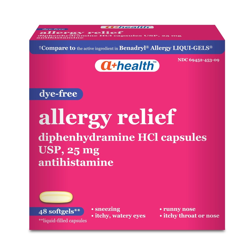 A+Health Allergy Relief Dye-Free Diphenhydramine 25mg Softgels, 48 Count, for Relief of Allergy Symptoms Like Runny Nose, Sneezing, Itch of The Nose or Throat, Itchy, Watery Eyes