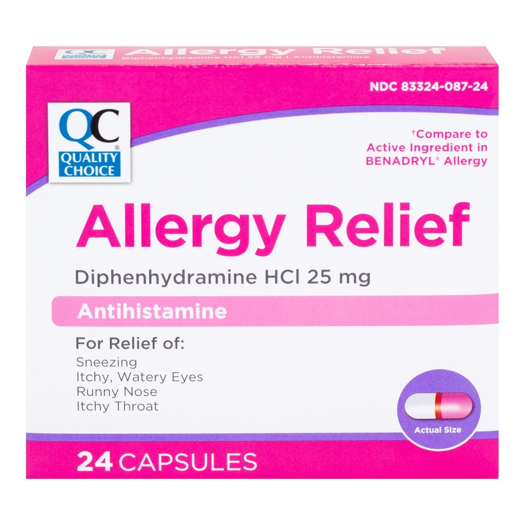 Quality Choice Multi-Symptom Allergy Relief Capsules. Antihistamine Diphenhydramine HCl 25mg Formula for Relief from Sneezing, Runny Nose, Itchy Eyes & Throat – 24 Tablet Count.
