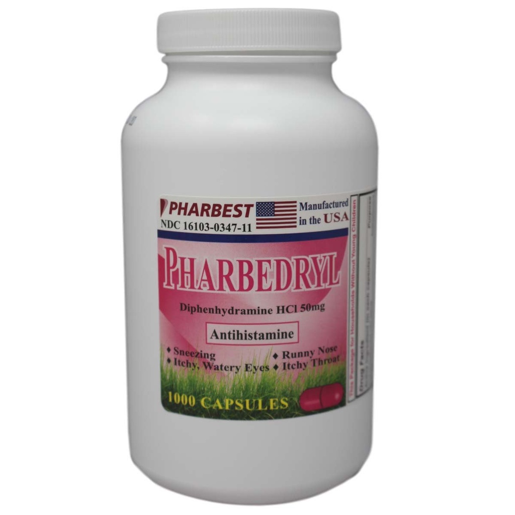 Wonder Laboratories Pharbedryl Diphenhydramine HCI 50 Mg Allergy Medicine and Antihistamine y - 1000 Capsules #3639