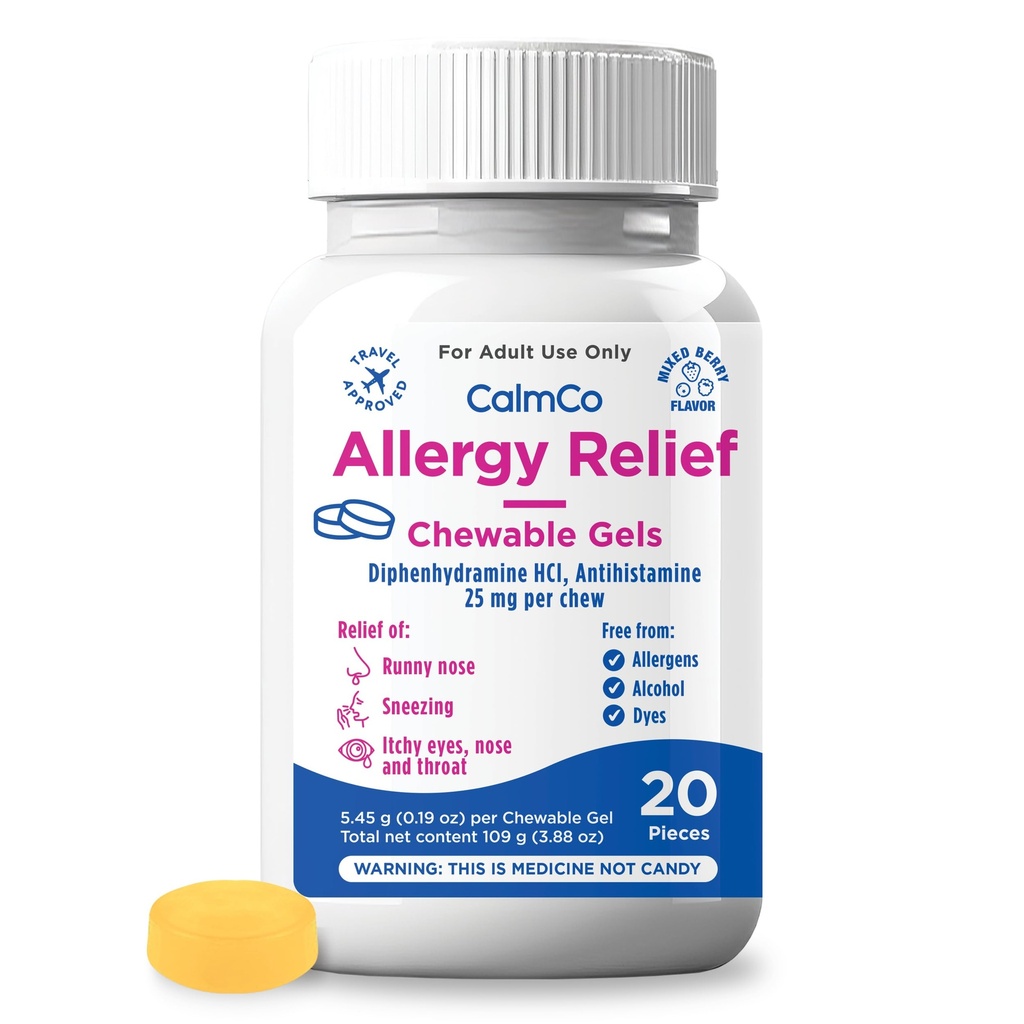 CalmCo Adult Allergy Relief with Diphenhydramine HCl 25 mg - Chewable Antihistamine for Sneezing, Runny Nose & Itchy Eyes, Nighttime Allergy Medicine for Ages 12+, Mixed Berry Flavor, 20 Count