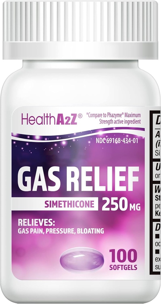 HealthA2Z® Gas Relief Simethicone 250mg, Fast Gas & Bloating Relief, Relieve Symptoms Naturally, 100 Softgels (Pack of 1)