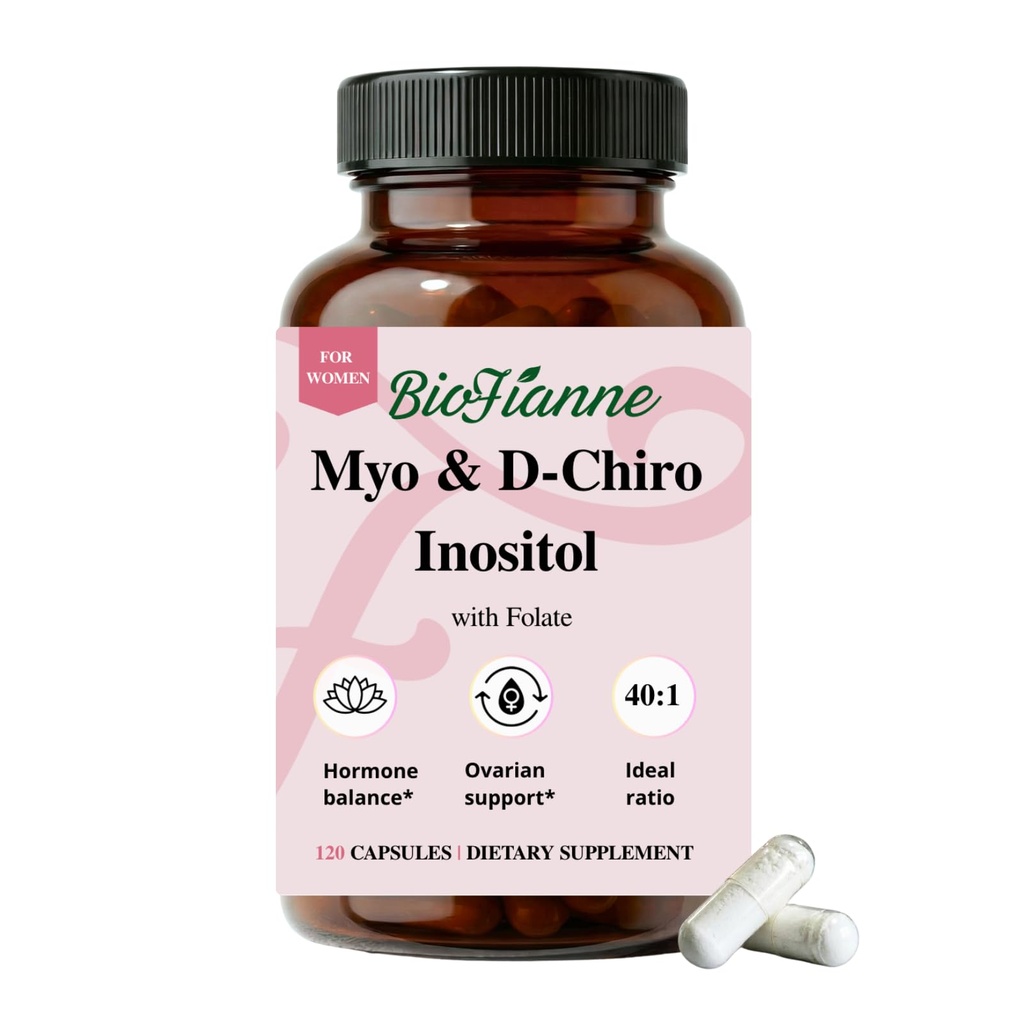 Myo-Inositol & D-Chiro Inositol for Women,Ideal 40:1 Ratio with Folate, Supports Hormonal Balance & Ovarian Health, 120 Capsules