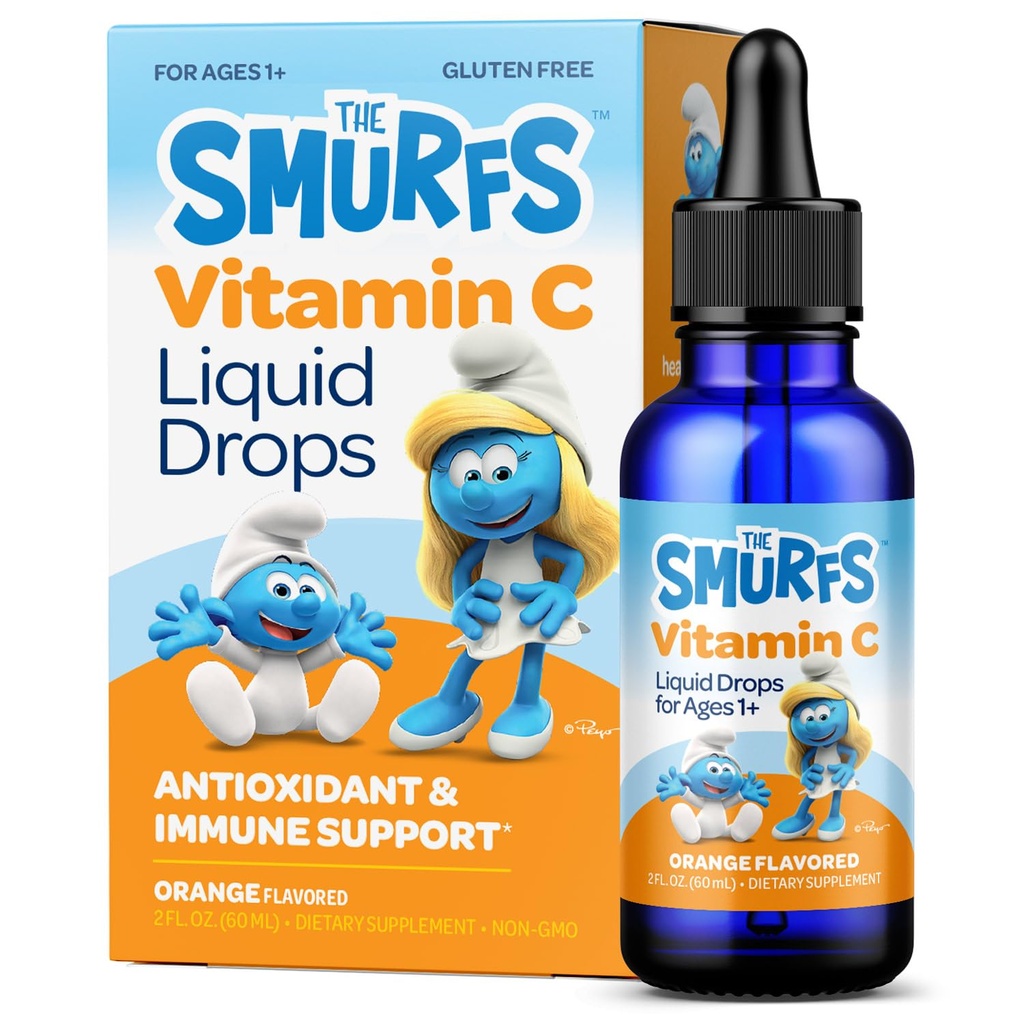 Smurfs Liquid Vitamin C for Kids Immune Support | High Strength Kids Vitamin C Drops | Ages 1 & Up | Vegan Non-GMO & No Artificial Flavors or Colors | No Added Sugar | Orange Flavor | 60 Servings