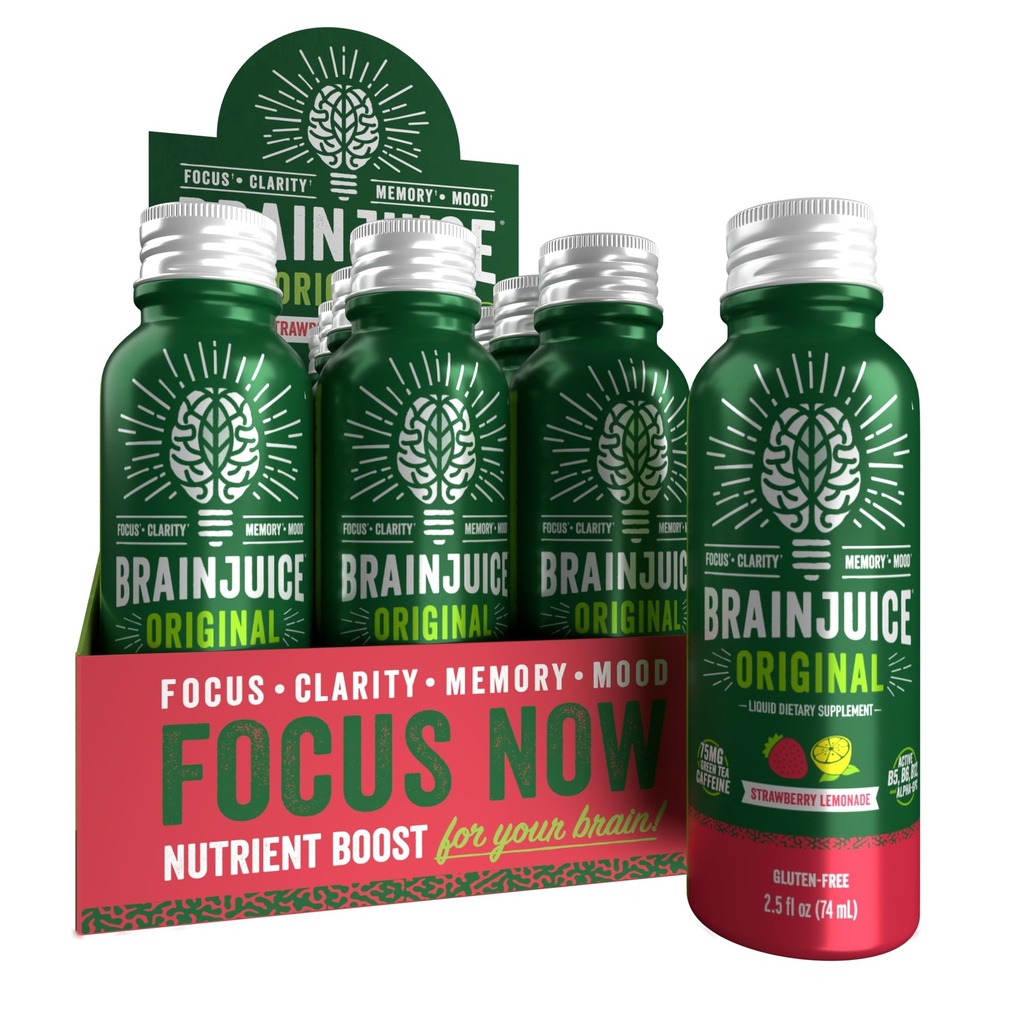 BrainJuice Brain Support Shot, Gluten Free Supplement Shots for Energy & Focus, Healthy Drinks with Alpha GPC, Vitamin B, 2.5 fl oz, 12 Pack (Strawberry Lemonade)